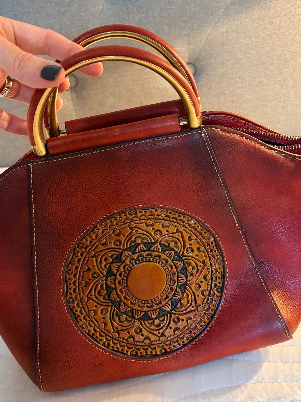 Women's Embossed Leather Top-Handle Bag in Deep Burgundy